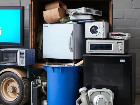 Old appliances and electronics stacked against a block wall: a TV, mini fridges, microwaves, a small washer and a blue bin