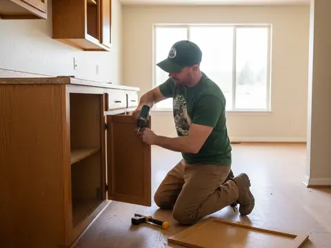 Worker in a green shirt and cap taking out old wooden kitchen cabinets with a drill