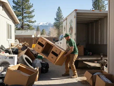 Worker carrying a wooden dresser to an open box truck, with boxes, tires and old appliances piled on the driveway
