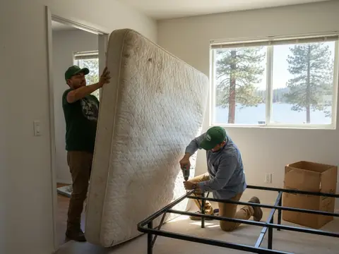 Two workers in green shirts carrying out a mattress and taking apart a metal bed frame in a bright bedroom
