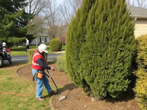 Worker in a hard hat and safety vest clearing around a tall juniper shrub in a yard