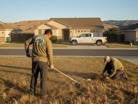 Two workers raking and clearing dry weeds and grass on a lot in front of houses