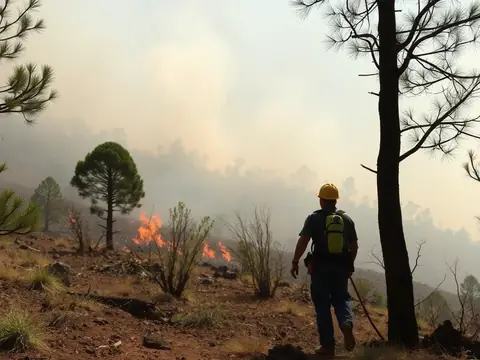 Firefighter walking through dry brush under pine trees with smoke and small flames behind